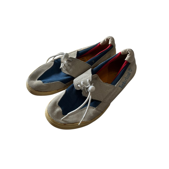 Timberland Suede Casual Loafers Shoes Size 9M RARE Red Blue Tan Men's Boating - Picture 3 of 9